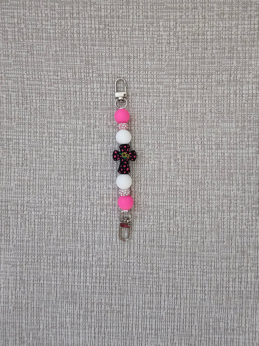 Phone Hand Strap/ Kindle Strap/ iPad Strap Interchangeable - Silicone Beaded Phone Strap with Cross Focal with Pink/White Beads & Pink Rhinestones