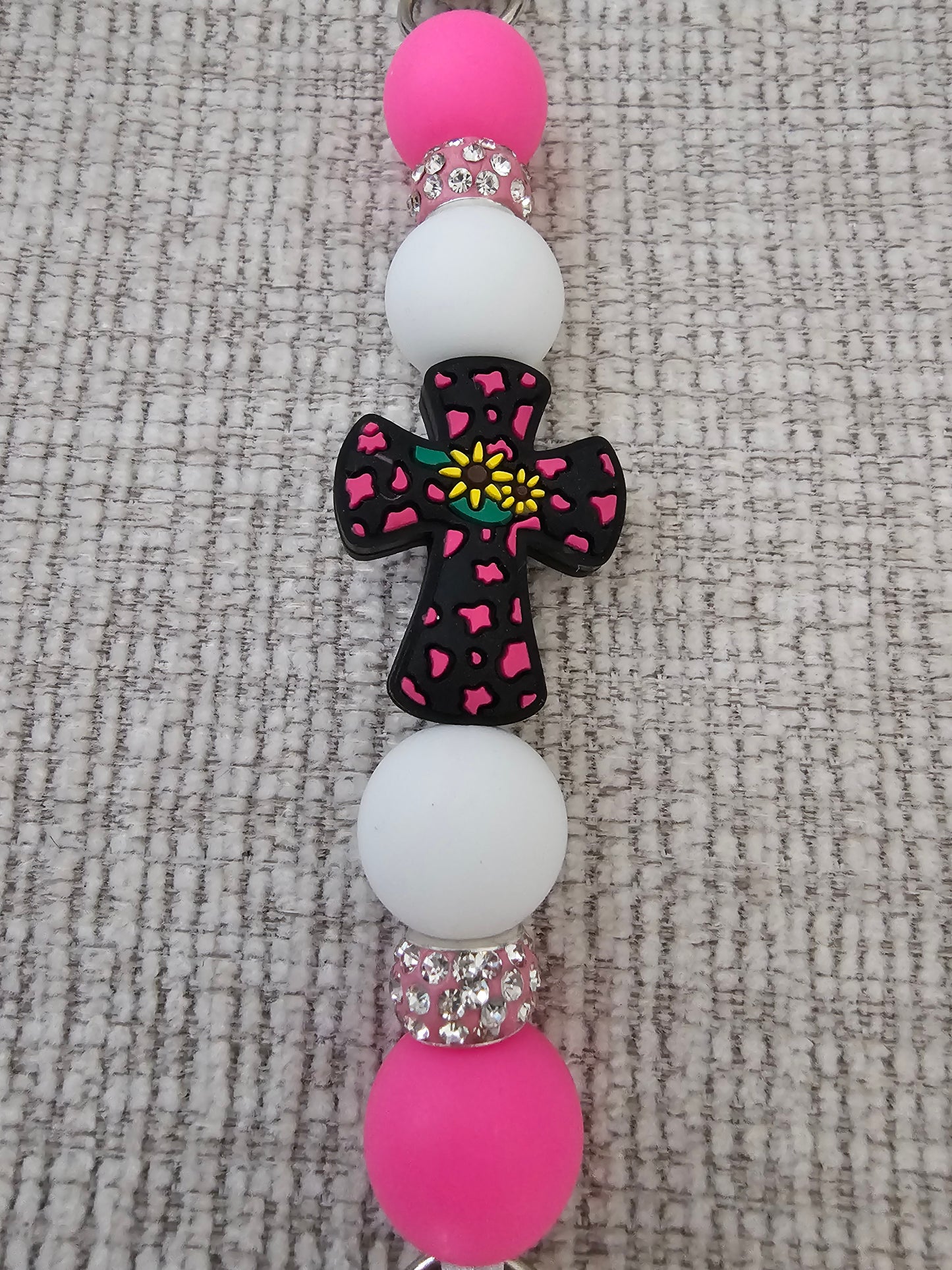 Phone Hand Strap/ Kindle Strap/ iPad Strap Interchangeable - Silicone Beaded Phone Strap with Cross Focal with Pink/White Beads & Pink Rhinestones