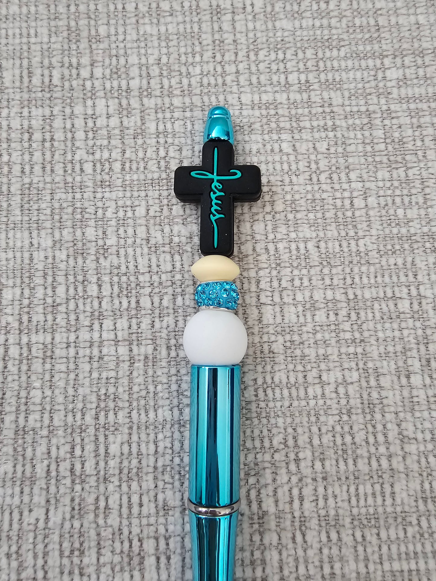 Pen- Silicone Beaded Pen with Cross Focal (blue teal color)