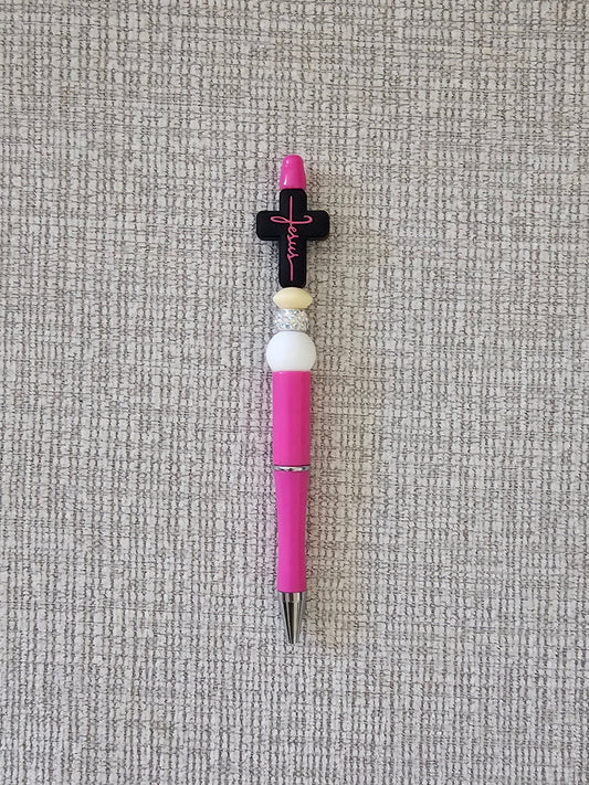 Pen- Silicone Beaded Pen with Cross Focal (pink color)