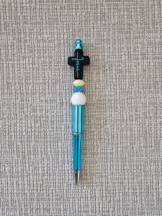 Pen- Silicone Beaded Pen with Cross Focal (blue teal color)