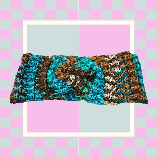 Crochet Twisted Headband- Multi-color Brown/Teal/Beige